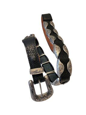 Pebbled Leather Floral Etched Concho Belt 32